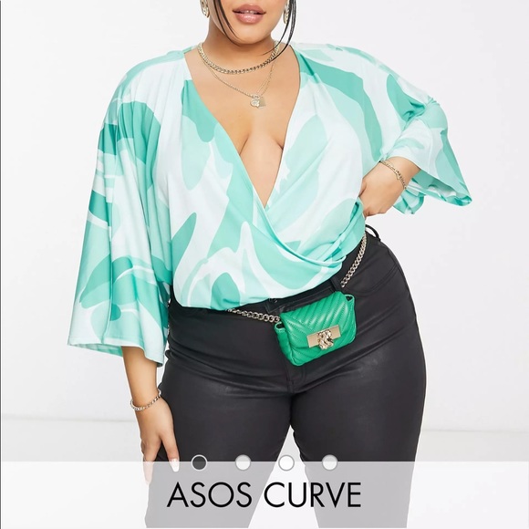 ASOS Curve angel sleeve bodysuit in mint abstract print - Picture 1 of 4